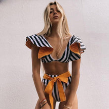 Load image into Gallery viewer, Two-Pieces Women Floral Push-Up Padded Bra Ruffles Bikini Set Swimsuit Swimwear Bathing Suit Beachwear Floral Printed Swimsuit Knotted String Triangle Bikini Tie Side High Cut Cheeky Bikini Set

