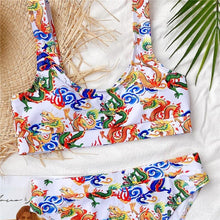 Load image into Gallery viewer, Modern Blue High Waist Bikini Push Up Swimwear Women Dragon Printed Bikini Set Retro Swimsuit Women's High Waist Bikini Swimsuits Twist Push Up Two Piece Bathing Suits Tummy Control Swimwear
