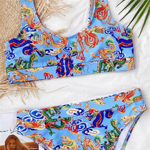 Load image into Gallery viewer, Modern Blue High Waist Bikini Push Up Swimwear Women Dragon Printed Bikini Set Retro Swimsuit Women's High Waist Bikini Swimsuits Twist Push Up Two Piece Bathing Suits Tummy Control Swimwear
