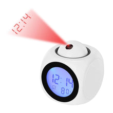Load image into Gallery viewer, New Creative Attention Projection Digital Weather LCD Snooze Clock Projection Alarm Clock Wake Up Bedroom with Data and Temperature Display Talking Function LED Wall/Ceiling Projection Bell Alarm Display Backlight LED Projector Home Clock Timer
