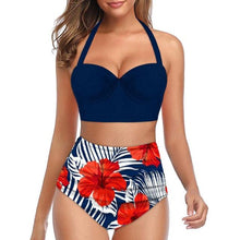 Load image into Gallery viewer, High Waist Bikini Leaf Print Swimsuit Women Push Up Swimwear Female Halter Bathing Suit Vintage Swimming Suit Women Vintage Underwire High Waist Swimsuit Two Pieces Halter Lace Up Adjustable Bikini Top
