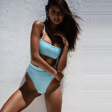 Load image into Gallery viewer, Bikinis Solid Push Up Bikini Padded Bra Straps High Waist Swimsuit Female Swimwear Women's Bathing Suit Lace up Bikini Ribbed Two Piece Swimsuit

