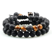 Load image into Gallery viewer, Black Lava Stone Crown Charm Tiger Eye Beads Bracelet For Men Women Braided Bracelets Handmade Adjustable Couple Distance Bracelets Lava Stone Beads Essential Oil Diffuser Adjustable Bracelet With King Queen Crown Charm
