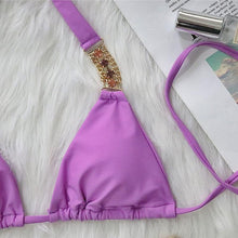 Load image into Gallery viewer, Luxury Purple Halter Crystal Diamond Bikini Female Swimsuit Women Swimwear Rhinestone Bikini Set Bathing Suit Women's Swimwear Rhinestone Halter Low Waist Tie Side Bikini Set 2 Pieces Crystal Diamond Swimsuit
