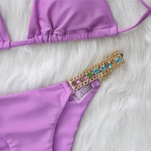 Load image into Gallery viewer, Luxury Purple Halter Crystal Diamond Bikini Female Swimsuit Women Swimwear Rhinestone Bikini Set Bathing Suit Women's Swimwear Rhinestone Halter Low Waist Tie Side Bikini Set 2 Pieces Crystal Diamond Swimsuit
