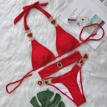 Load image into Gallery viewer, Luxury Purple Halter Crystal Diamond Bikini Female Swimsuit Women Swimwear Rhinestone Bikini Set Bathing Suit Women's Swimwear Rhinestone Halter Low Waist Tie Side Bikini Set 2 Pieces Crystal Diamond Swimsuit
