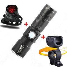 Load image into Gallery viewer, 3 IN 1 Bike Bicycle Light Set USB LED Waterproof Super Bright Zoom Headlight Super Bright 3 Light Modes Bicycle Light Set Flashlight Easy Installs In Seconds Fits All Bicycles Powerful Bright Light 8000 Lumen
