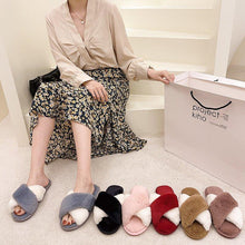 Load image into Gallery viewer, Fluffy Slippers Women Cozy Faux Fur Cross Indoor Floor Slides Flat Soft Furry Shoes Fluffy Furry Fur Slippers Flip Flop Open Toe Cozy House Memory Foam Sandals Slides Soft Flat Comfy Slippers
