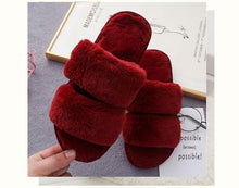 Load image into Gallery viewer, Fluffy Slippers Women Cozy Faux Fur Cross Indoor Floor Slides Flat Soft Furry Shoes Fluffy Furry Fur Slippers Flip Flop Open Toe Cozy House Memory Foam Sandals Slides Soft Flat Comfy Slippers
