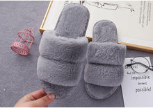 Load image into Gallery viewer, Fluffy Slippers Women Cozy Faux Fur Cross Indoor Floor Slides Flat Soft Furry Shoes Fluffy Furry Fur Slippers Flip Flop Open Toe Cozy House Memory Foam Sandals Slides Soft Flat Comfy Slippers
