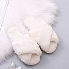 Load image into Gallery viewer, Fluffy Slippers Women Cozy Faux Fur Cross Indoor Floor Slides Flat Soft Furry Shoes Fluffy Furry Fur Slippers Flip Flop Open Toe Cozy House Memory Foam Sandals Slides Soft Flat Comfy Slippers
