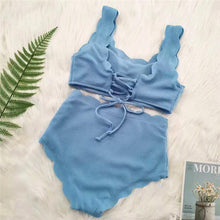 Load image into Gallery viewer, Women Solid Swimwear Female Bathing Suit Scalloped High Waist Bikini Set Two Pieces Women's Solid Color Lace-up High Waist Scoop Collar Padded Bathing Suit
