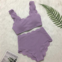 Load image into Gallery viewer, Women Solid Swimwear Female Bathing Suit Scalloped High Waist Bikini Set Two Pieces Women's Solid Color Lace-up High Waist Scoop Collar Padded Bathing Suit
