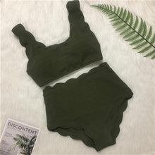 Load image into Gallery viewer, Women Solid Swimwear Female Bathing Suit Scalloped High Waist Bikini Set Two Pieces Women's Solid Color Lace-up High Waist Scoop Collar Padded Bathing Suit
