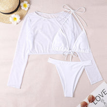 Load image into Gallery viewer, Neon Yellow Crop Top Swimwear Women Summer 3 Pieces Swimsuit Bikini Sets With Sheer Crop Top Cover Up Beachwear Mesh Long Sleeve Cover Ups Top Three Piece Swimsuit Bikini Set
