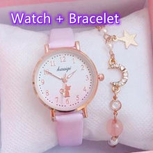 Load image into Gallery viewer, Fashion Set Bracelet Watch Leather Strap Watch Cute Cat Dial Girl Watch Children Quartz Watch Couple Watch Gift Set Valentines Romantic Lovers Watch For Man Woman Leather Strap
