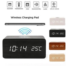 Load image into Gallery viewer, USB/AAA Powered LED Digital Clock Wooden Alarm Clock Table Clock Wooden Digital Alarm Clock with Wireless Charging 3 Alarms LED Display Sound Control and Snooze Dual for Bedroom Bedside Office Voice Control Electronic Clock Desktop Decor
