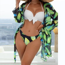 Load image into Gallery viewer, Summer Floral Print Bikini Swimsuit Women 3 Piece High-Waist Bikini Set Swimwear Female Push-Up Bathing Suit Tropical High Waist Wrap Swimsuit With Beach Cover Ups Soft And Breathable Summer Bikini

