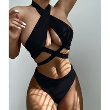 Load image into Gallery viewer, Halter Hollow Cross Bikinis Set Swimsuit Women's New Solid Two-Piece Swimwear Two Piece Swimsuit Halter Crisscross Cut Out Bikini Wrap Top with High Waist  Bottom Beach Swimwear Summer Beachwear Woman Bath Bathing Suit
