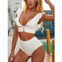 Load image into Gallery viewer, Bikini New 2 Piece Women Swimsuit Women's High Waist Bikini Set Fashion Puff Sleeve Swimwear Set Bathing Suits Solid Color Short Puff Sleeve Summer High Waist Cut Backless Bathing Suit Beachwear
