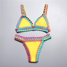 Load image into Gallery viewer, Handmade Women Bikini Crochet Knit Swimwear Halter Patchwork Bathing Suit Women's Swimsuit Strappy Side 2 Piece Bikini Set Triangle Beach Swimwear
