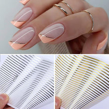 Load image into Gallery viewer, Black White 3D Nail Stickers Metal Gold Silver Geometric Tassel Strip Line Adhesive Transfer Decals Nail Art Design  Gold Silver Metal Nail Sticker  Metallic Curve Strip Line Nail Decal Self-Adhesive 3D Wave Design Nail Tips Decorations Manicure for Women
