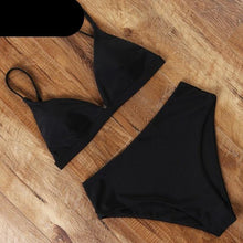 Load image into Gallery viewer, Bikini Swimwear Swimsuit Women Solid Bathing Suit Bikini Set With Pad Female High Waist Beachwear Women Bikini Swimsuits 2 Piece Deep V Neck Swimwear Adjustable Strap Back Bathing Suits

