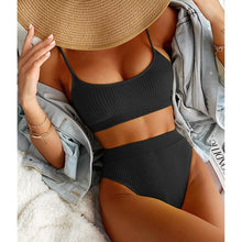 Load image into Gallery viewer, High Waist Bikinis Swimwear Women Push Up Swimsuits Solid High Waist Bikini Sets Sporty Two Pieces Swimsuit Scoop Neck Bathing Suits for Women Ribbed Bathing Suits High Cut Summer Beachwear
