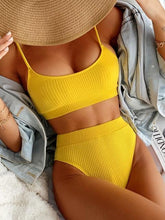 Load image into Gallery viewer, High Waist Bikinis Swimwear Women Push Up Swimsuits Solid High Waist Bikini Sets Sporty Two Pieces Swimsuit Scoop Neck Bathing Suits for Women Ribbed Bathing Suits High Cut Summer Beachwear
