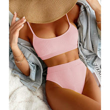 Load image into Gallery viewer, High Waist Bikinis Swimwear Women Push Up Swimsuits Solid High Waist Bikini Sets Sporty Two Pieces Swimsuit Scoop Neck Bathing Suits for Women Ribbed Bathing Suits High Cut Summer Beachwear
