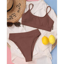 Load image into Gallery viewer, High Waist Bikinis Swimwear Women Push Up Swimsuits Solid High Waist Bikini Sets Sporty Two Pieces Swimsuit Scoop Neck Bathing Suits for Women Ribbed Bathing Suits High Cut Summer Beachwear
