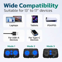 Load image into Gallery viewer, Purely Laptop Cooling Pad, 6 Adjustable Height Laptop Stand, 4 Fans: 3 Fan Modes + 6 Speeds, LED Display, 2 USB Ports
