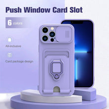 Load image into Gallery viewer, Purple Silicone Slide Camera Protector Case For iPhone 14 11 12 13 Pro Max X XR XS Magnetic Ring Card Holder Cover Heavy Duty Multifunctional Shockproof Magnetic Cover Case &amp; Holder
