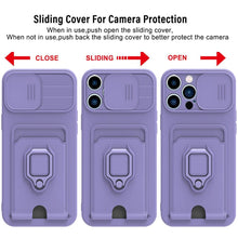 Load image into Gallery viewer, Purple Silicone Slide Camera Protector Case For iPhone 14 11 12 13 Pro Max X XR XS Magnetic Ring Card Holder Cover Heavy Duty Multifunctional Shockproof Magnetic Cover Case &amp; Holder
