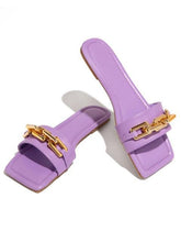 Load image into Gallery viewer, Purple Women's Slippers Summer Gold Chain Luxury Square Head Flat Heel Outdoor Beach Women Slides Sandals Leather Flat Sandals  Strap Slides With Chain Open Toe Summer Slippers
