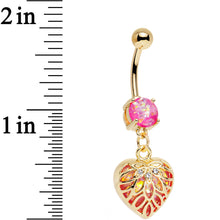 Load image into Gallery viewer, Pink Red Faux Opal Gold Anodized Lotus Flower Locked Heart Dangle Belly Ring
