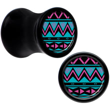 Load image into Gallery viewer, Black Acrylic Pink Teal Tribal Print Saddle Plug Set 2G
