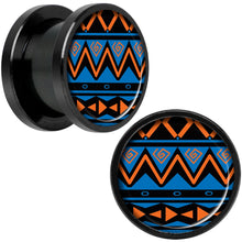 Load image into Gallery viewer, Blue Orange Tribal Print Black Anodized Screw Fit Plug Set 1/2
