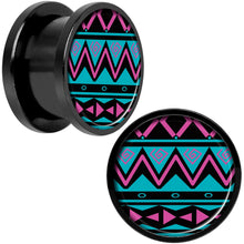 Load image into Gallery viewer, Pink Teal Tribal Print Black Anodized Screw Fit Plug Set 9/16
