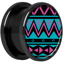 Load image into Gallery viewer, Pink Teal Tribal Print Black Anodized Screw Fit Plug Set 5/8
