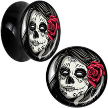 Load image into Gallery viewer, Black Acrylic Katrina Sugar Skull with Rose Flower Saddle Plug Set 18mm
