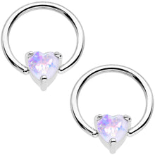 Load image into Gallery viewer, White Faux Opal Heart Captive Ring Straight Barbell Nipple Ring Set
