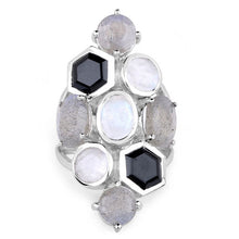 Load image into Gallery viewer, 10.30 Carat Genuine White Rainbow Moonstone, Labradorite And Black Onyx .925 Sterling Silver Ring
