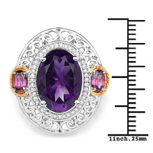 Load image into Gallery viewer, 5.58 Carat Genuine Amethyst, Rhodolite and White Diamond 14K Yellow Gold with .925 Sterling Silver Ring
