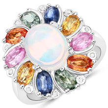 Load image into Gallery viewer, 3.92 Carat Genuine Ethiopian Opal, Multi Sapphire and White Diamond .925 Sterling Silver Ring
