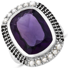 Load image into Gallery viewer, 9.59 Carat Genuine Amethyst, Pearl and Black Spinel .925 Sterling Silver Ring
