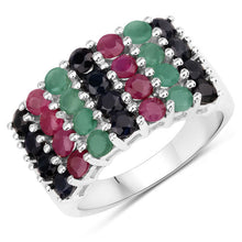 Load image into Gallery viewer, "3.40 Carat Genuine Emerald, Ruby and Black Sapphire .925 Sterling Silver Ring
