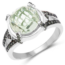 Load image into Gallery viewer, 4.06 Carat Genuine Green Amethyst, Green Diamond &amp; White Diamond .925 Sterling Silver Ring
