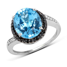 Load image into Gallery viewer, 5.48 Carat Genuine Swiss Blue Topaz, Black Diamond and White Diamond .925 Sterling Silver Ring
