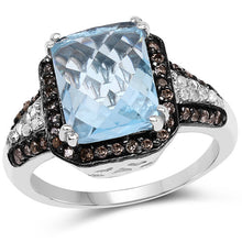Load image into Gallery viewer, 4.33 Carat Genuine Swiss Blue Topaz, Champagne Diamond &amp; White Diamond .925 Sterling Silver Ring
